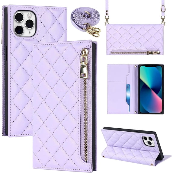 Crossbody Wallet for iPhone 11 Pro Max Case with Adjustable Lanyard Strap Card Holder 6.5",PU Leather Zipper Handbag Purse Kickstand Lattice Pattern Cover Case for Men Women Girl,Purple