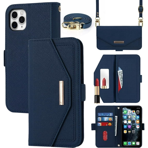 Crossbody Wallet for iPhone 11 Pro Max Case with Adjustable Lanyard Strap Credit Card Holder 6.5",PU Leather Handbag Purse Kickstand Make Up Mirror Cover Case for Men Women Girl,Blue