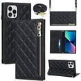 thumbnail image 1 of Crossbody Wallet for iPhone 12 Pro Max Case with Adjustable Lanyard Strap Card Holder 6.7",PU Leather Zipper Handbag Purse Kickstand Lattice Pattern Cover Case for Men Women Girl,Black, 1 of 13