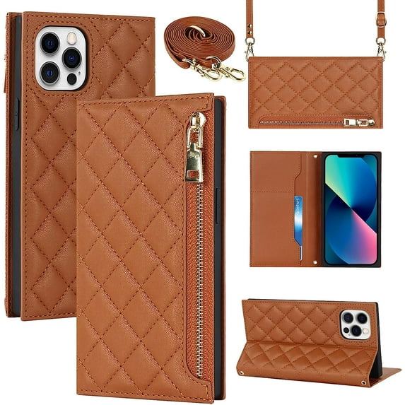Crossbody Wallet for iPhone 12 Pro Max Case with Adjustable Lanyard Strap Card Holder 6.7",PU Leather Zipper Handbag Purse Kickstand Lattice Pattern Cover Case for Men Women Girl,Brown