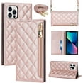 thumbnail image 1 of Crossbody Wallet for iPhone 12 Pro Max Case with Adjustable Lanyard Strap Card Holder 6.7",PU Leather Zipper Handbag Purse Kickstand Lattice Pattern Cover Case for Men Women Girl,Rose Gold, 1 of 13