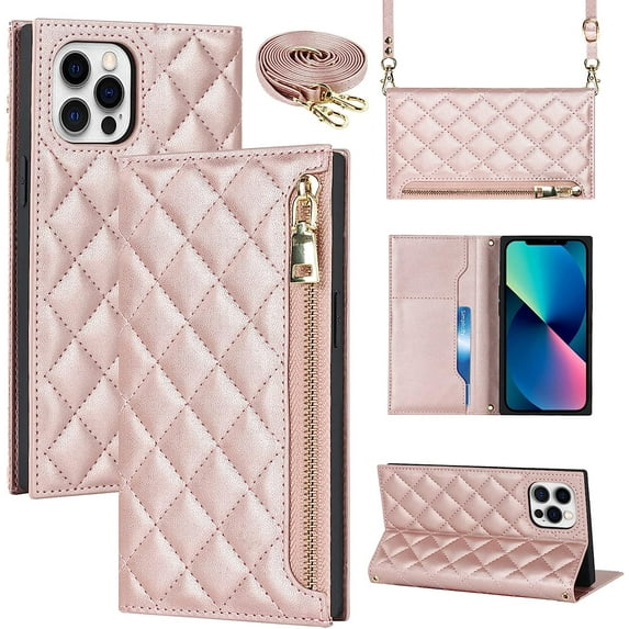 Crossbody Wallet for iPhone 12 Pro Max Case with Adjustable Lanyard Strap Card Holder 6.7",PU Leather Zipper Handbag Purse Kickstand Lattice Pattern Cover Case for Men Women Girl,Rose Gold