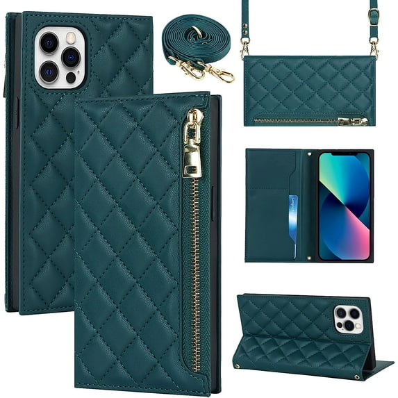 Crossbody Wallet for iPhone 12 Pro Max Case with Adjustable Lanyard Strap Card Holder 6.7",PU Leather Zipper Handbag Purse Kickstand Lattice Pattern Cover Case for Men Women Girl,Dark Green