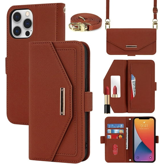 Crossbody Wallet for iPhone 12 Pro Max Case with Adjustable Lanyard Strap Credit Card Holder 6.7",PU Leather Handbag Purse Kickstand Make Up Mirror Cover Case for Men Women Girl,Brown