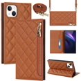 thumbnail image 1 of Crossbody Wallet for iPhone 13 Case with Adjustable Lanyard Strap Credit Card Holder 6.1",PU Leather Zipper Handbag Purse Kickstand Lattice Pattern Cover Case for Men Women Girl,Brown, 1 of 14