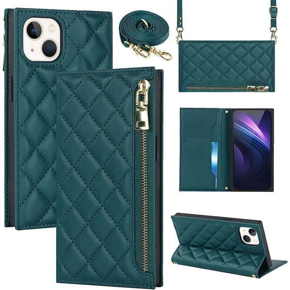 Crossbody Wallet for iPhone 13 Case with Adjustable Lanyard Strap Credit Card Holder 6.1",PU Leather Zipper Handbag Purse Kickstand Lattice Pattern Cover Case for Men Women Girl,Dark Green