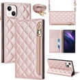 thumbnail image 1 of Crossbody Wallet for iPhone 13 Mini Case with Adjustable Lanyard Strap Credit Card Holder 5.4",PU Leather Zipper Handbag Purse Kickstand Lattice Pattern Cover Case for Men Women Girl,Rose Gold, 1 of 13
