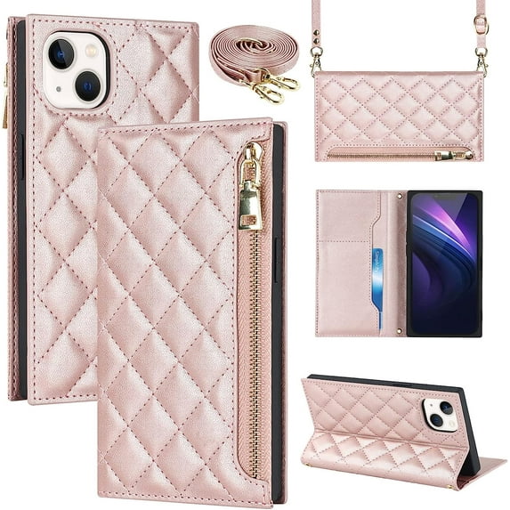 Crossbody Wallet for iPhone 13 Mini Case with Adjustable Lanyard Strap Credit Card Holder 5.4",PU Leather Zipper Handbag Purse Kickstand Lattice Pattern Cover Case for Men Women Girl,Rose Gold