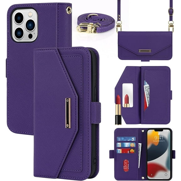 Crossbody Wallet for iPhone 13 Pro Case with Adjustable Lanyard Strap Credit Card Holder 6.1",PU Leather Handbag Purse Kickstand Make Up Mirror Cover Case for Men Women Girl,Purple