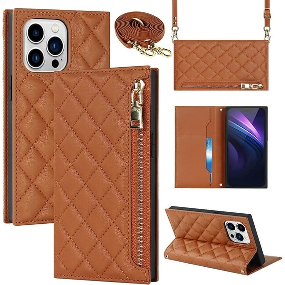 Crossbody Wallet for iPhone 13 Pro Case with Adjustable Lanyard Strap Credit Card Holder 6.1",PU Leather Zipper Handbag Purse Kickstand Lattice Pattern Cover Case for Men Women Girl,Brown