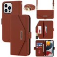 thumbnail image 1 of Crossbody Wallet for iPhone 13 Pro Case with Adjustable Lanyard Strap Credit Card Holder, PU Leather Handbag Purse Kickstand Make Up Mirror Cover Case for Men Women Girl - Brown, 1 of 8