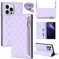 thumbnail image 1 of Crossbody Wallet for iPhone 13 Pro Max Case with Adjustable Lanyard Strap Card Holder 6.7",PU Leather Zipper Handbag Purse Kickstand Lattice Pattern Cover Case for Men Women Girl,Purple, 1 of 7
