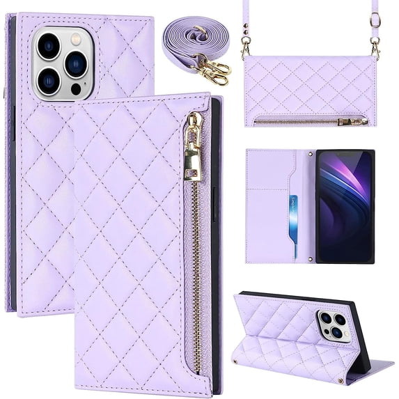 Crossbody Wallet for iPhone 13 Pro Max Case with Adjustable Lanyard Strap Card Holder 6.7",PU Leather Zipper Handbag Purse Kickstand Lattice Pattern Cover Case for Men Women Girl,Purple