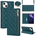 thumbnail image 1 of Crossbody Wallet for iPhone 14 Plus Case with Adjustable Lanyard Strap Credit Card Holder 6.7",PU Leather Zipper Handbag Purse Kickstand Lattice Pattern Cover Case for Men Women Girl,Dark Green, 1 of 13