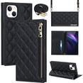 thumbnail image 1 of Crossbody Wallet for iPhone 14 Plus Case with Adjustable Lanyard Strap Credit Card Holder 6.7",PU Leather Zipper Handbag Purse Kickstand Lattice Pattern Cover Case for Men Women Girl,Black, 1 of 13