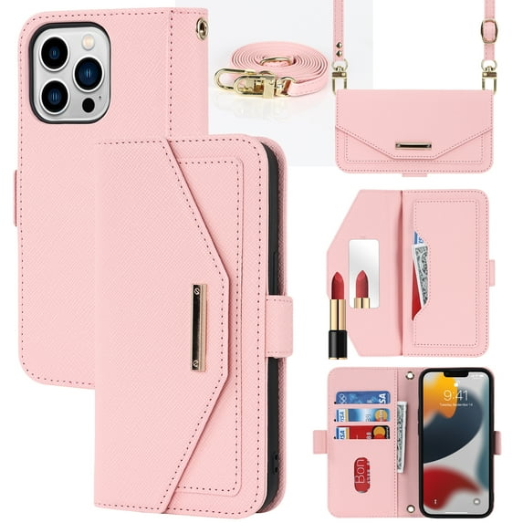 Crossbody Wallet for iPhone 14 Pro Case with Adjustable Lanyard Strap Credit Card Holder 6.1", PU Leather Handbag Purse Kickstand Make Up Mirror Cover Case for Men Women Girl - Pink