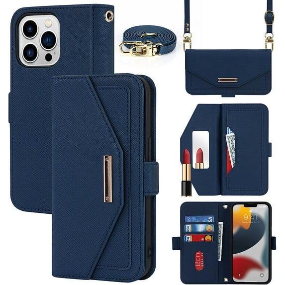 Crossbody Wallet for iPhone 14 Pro Case with Adjustable Lanyard Strap Credit Card Holder 6.1",PU Leather Handbag Purse Kickstand Make Up Mirror Cover Case for Men Women Girl,Blue
