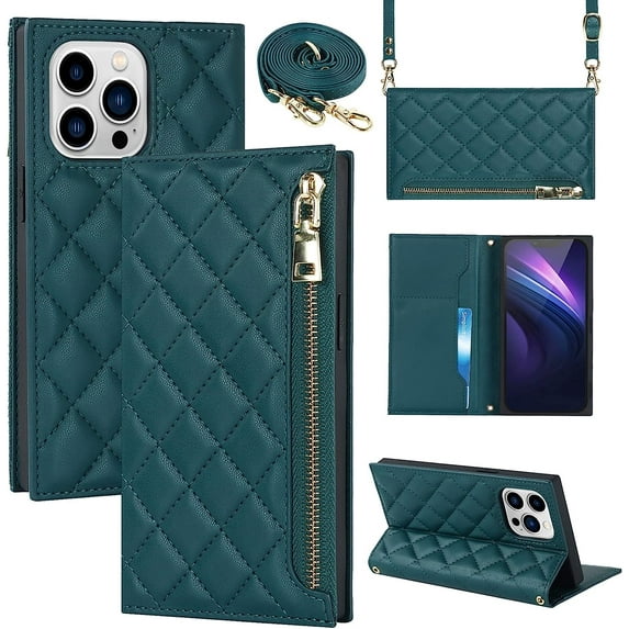 Crossbody Wallet for iPhone 14 Pro Case with Adjustable Lanyard Strap Credit Card Holder 6.1",PU Leather Zipper Handbag Purse Kickstand Lattice Pattern Cover Case for Men Women Girl,Dark Green