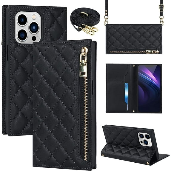 Crossbody Wallet for iPhone 14 Pro Case with Adjustable Lanyard Strap Credit Card Holder 6.1",PU Leather Zipper Handbag Purse Kickstand Lattice Pattern Cover Case for Men Women Girl,Black