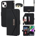 thumbnail image 1 of Crossbody Wallet for iPhone 15 Case with Adjustable Lanyard Strap Credit Card Holder 6.1",PU Leather Handbag Purse Kickstand Make Up Mirror Cover Case for Men Women Girl,Black, 1 of 7