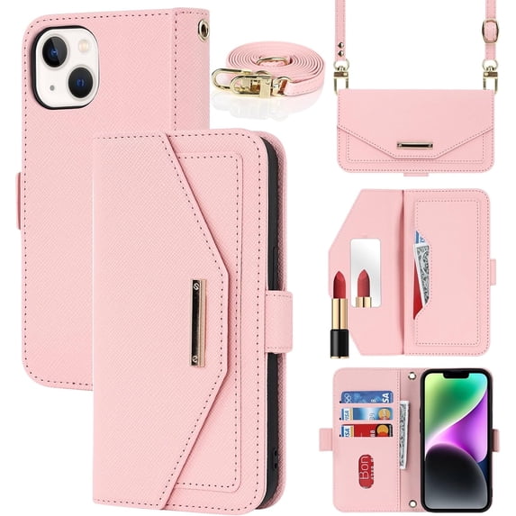 Crossbody Wallet for iPhone 15 Case with Adjustable Lanyard Strap Credit Card Holder 6.1",PU Leather Handbag Purse Kickstand Make Up Mirror Cover Case for Men Women Girl,Pink
