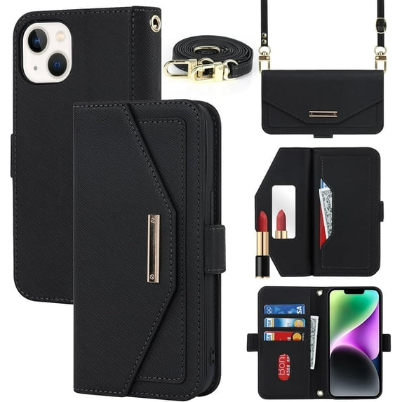 Crossbody Wallet for iPhone 15 Case with Adjustable Lanyard Strap Credit Card Holder 6.1",PU Leather Handbag Purse Kickstand Make Up Mirror Cover Case for Men Women Girl,Black