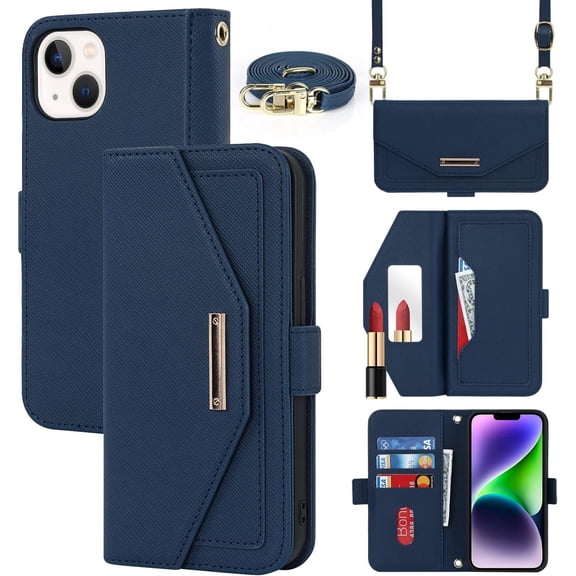 Crossbody Wallet for iPhone 15 Plus Case with Adjustable Lanyard Strap Credit Card Holder 6.7",PU Leather Handbag Purse Kickstand Make Up Mirror Cover Case for Men Women Girl,Blue