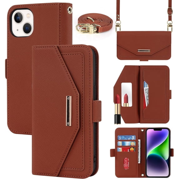 Crossbody Wallet for iPhone 15 Plus Case with Adjustable Lanyard Strap Credit Card Holder 6.7",PU Leather Handbag Purse Kickstand Make Up Mirror Cover Case for Men Women Girl,Brown
