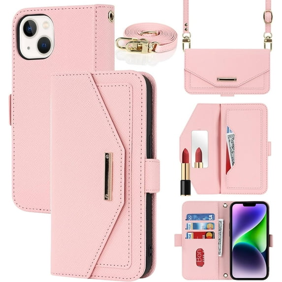 Crossbody Wallet for iPhone 15 Plus Case with Adjustable Lanyard Strap Credit Card Holder 6.7",PU Leather Handbag Purse Kickstand Make Up Mirror Cover Case for Men Women Girl,Pink