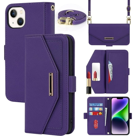 Crossbody Wallet for iPhone 15 Plus Case with Adjustable Lanyard Strap Credit Card Holder 6.7",PU Leather Handbag Purse Kickstand Make Up Mirror Cover Case for Men Women Girl,Purple