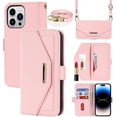 thumbnail image 1 of Crossbody Wallet for iPhone 15 Pro Case with Adjustable Lanyard Strap Credit Card Holder 6.1",PU Leather Handbag Purse Kickstand Make Up Mirror Cover Case for Men Women Girl,Pink, 1 of 7