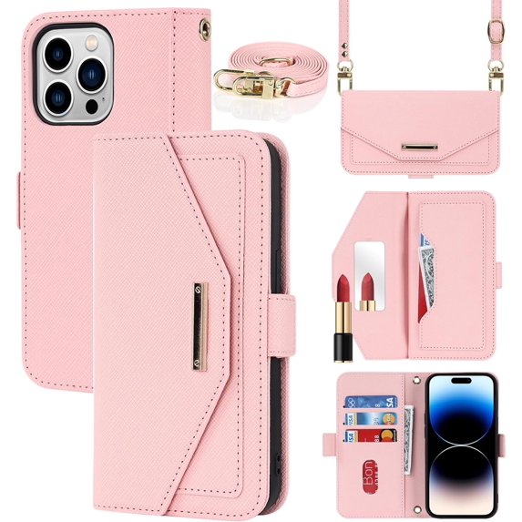 Crossbody Wallet for iPhone 15 Pro Case with Adjustable Lanyard Strap Credit Card Holder 6.1",PU Leather Handbag Purse Kickstand Make Up Mirror Cover Case for Men Women Girl,Pink