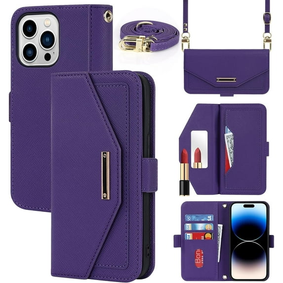 Crossbody Wallet for iPhone 15 Pro Case with Adjustable Lanyard Strap Credit Card Holder 6.1",PU Leather Handbag Purse Kickstand Make Up Mirror Cover Case for Men Women Girl,Purple