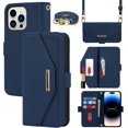 thumbnail image 1 of Crossbody Wallet for iPhone 15 Pro Case with Adjustable Lanyard Strap Credit Card Holder 6.1",PU Leather Handbag Purse Kickstand Make Up Mirror Cover Case for Men Women Girl,Blue, 1 of 13