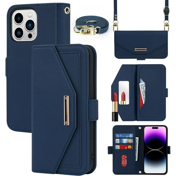 Crossbody Wallet for iPhone 15 Pro Max Case with Adjustable Lanyard Strap Credit Card Holder 6.7",PU Leather Handbag Purse Kickstand Make Up Mirror Cover Case for Men Women Girl,Blue