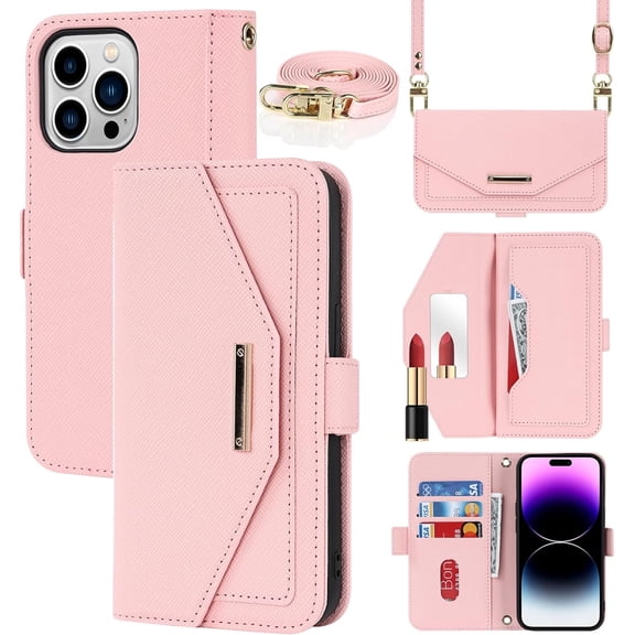 Crossbody Wallet for iPhone 15 Pro Max Case with Adjustable Lanyard Strap Credit Card Holder 6.7",PU Leather Handbag Purse Kickstand Make Up Mirror Cover Case for Men Women Girl,Pink