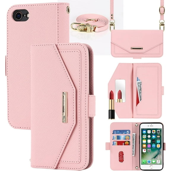 Crossbody Wallet for iPhone SE 3rd 2022/SE 2nd 2022/iPhone 7/8 Case with Adjustable Lanyard Strap Credit Card Holder 4.7",PU Leather Purse Kickstand Make Up Mirror Case for Women Girl,Pink