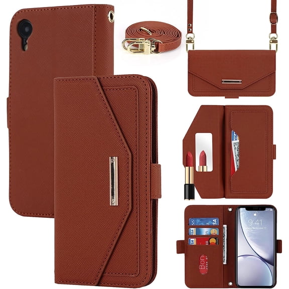 Crossbody Wallet for iPhone XR Case with Adjustable Lanyard Strap Credit Card Holder 6.1",PU Leather Handbag Purse Kickstand Make Up Mirror Cover Case for Men Women Girl,Brown