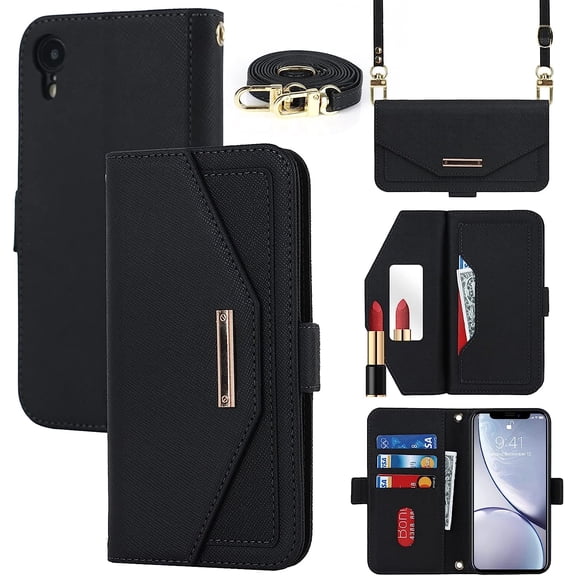 Crossbody Wallet for iPhone XR Case with Adjustable Lanyard Strap Credit Card Holder 6.1",PU Leather Handbag Purse Kickstand Make Up Mirror Cover Case for Men Women Girl,Black