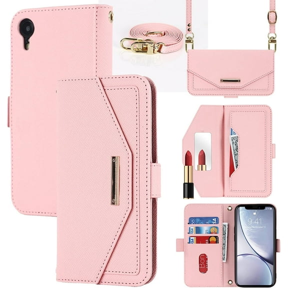 Crossbody Wallet for iPhone XR Case with Adjustable Lanyard Strap Credit Card Holder 6.1",PU Leather Handbag Purse Kickstand Make Up Mirror Cover Case for Men Women Girl,Pink