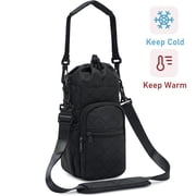 Crossbody Water Bottle Bag Quilted Insulated Holder with Adjustable Strap for 32oz 40oz Sports Bottle Sling Bag with Phone Pocket and Handles, Black