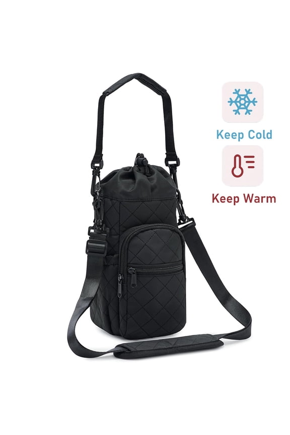 Crossbody Water Bottle Bag Quilted Insulated Holder with Adjustable Strap for 32oz 40oz Sports Bottle Sling Bag with Phone Pocket and Handles, Black