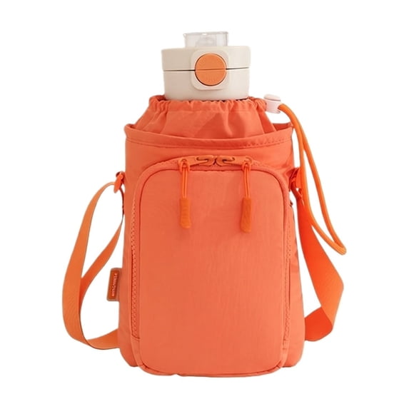Crossbody Water Bottle Carrier Pouch with Phone Pocket, Adjustable Shoulder Strap Hiking Travel Bottle Sleeve with Drawstring, Portable Fabric Cup Holder Bag for Outdoor Sports Walking