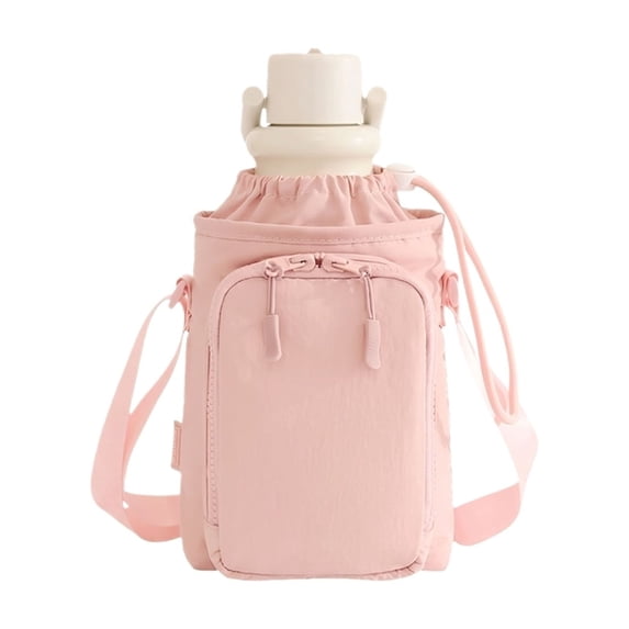 Crossbody Water Bottle Carrier Pouch with Phone Pocket, Adjustable Shoulder Strap Hiking Travel Bottle Sleeve with Drawstring, Portable Fabric Cup Holder Bag for Outdoor Sports Walking
