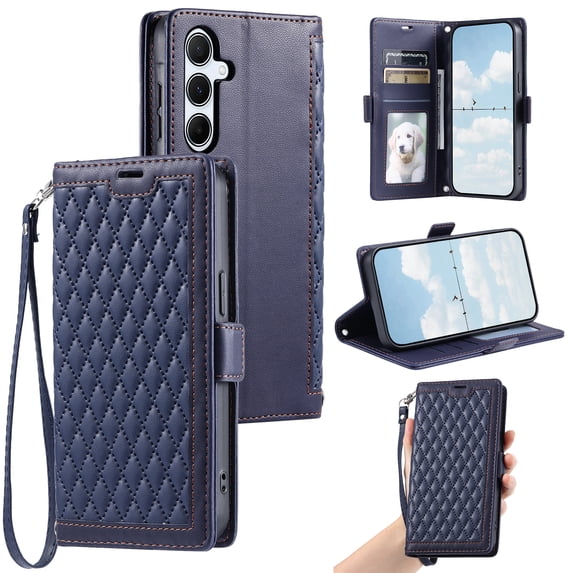 Crossbody Wrist Strap Flip Phone Case for Samsung Galaxy A35, Girls PU Leather Shockproof Protection Card Slots Magnetic Closure Kickstand Wallet Case for A35, Blue