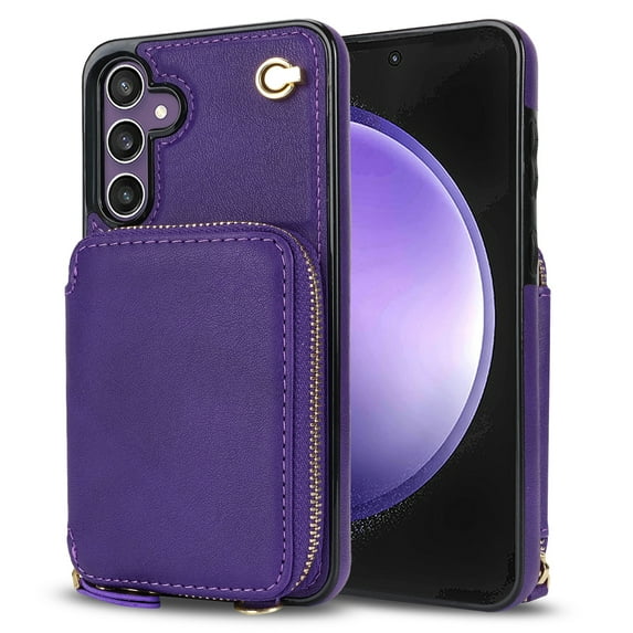 Crossbody Zipper Wallet Bag Case for Samsung Galaxy S24,Dteck Lager Capacity Purse Leather Card Slots Pocket Shockproof Case Kickstad Cover with Shoulder Strap, Purple