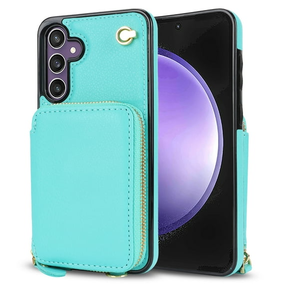 Crossbody Zipper Wallet Bag Case for Samsung Galaxy S24 Plus,Dteck Lager Capacity Purse Leather Card Slots Pocket Shockproof Case Kickstad Cover with Shoulder Strap, Green