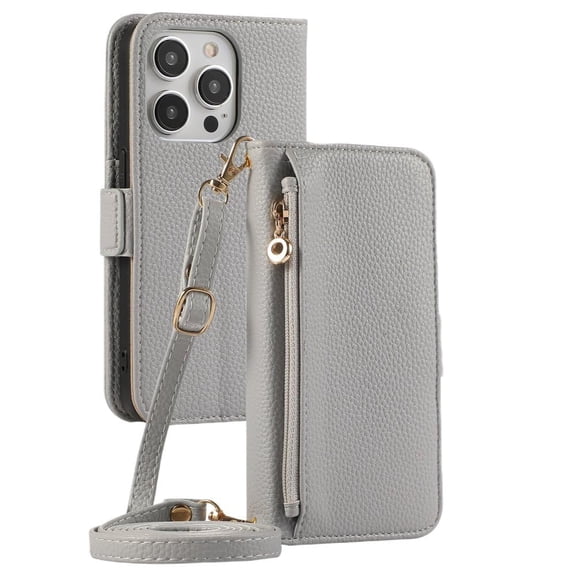Crossbody Zipper Wallet with Card Holder Phone Case for iPhone 16 15 14 Pro Max XS X XR 7 8 Plus 13 Mini Se Leather Cover,Khaki,for iPhone 14 Plus