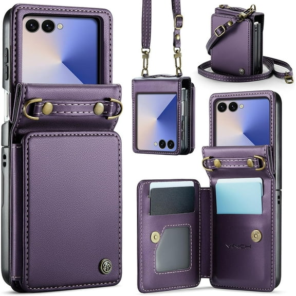 Crossbody for Samsung Galaxy Z Flip 7 Wallet Case with RFID Blocking Card Holder, Strap Kickstand Shockproof Flip Phone Cover for Women Men, Purple