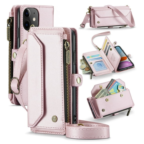 Crossbody for iPhone 11 Case Wallet【RFID Blocking】with 10-Card Holder Zipper Bills Slot, Soft PU Leather Magnetic Shoulder Wrist Strap for iPhone 11 Wallet Case Women, Pink